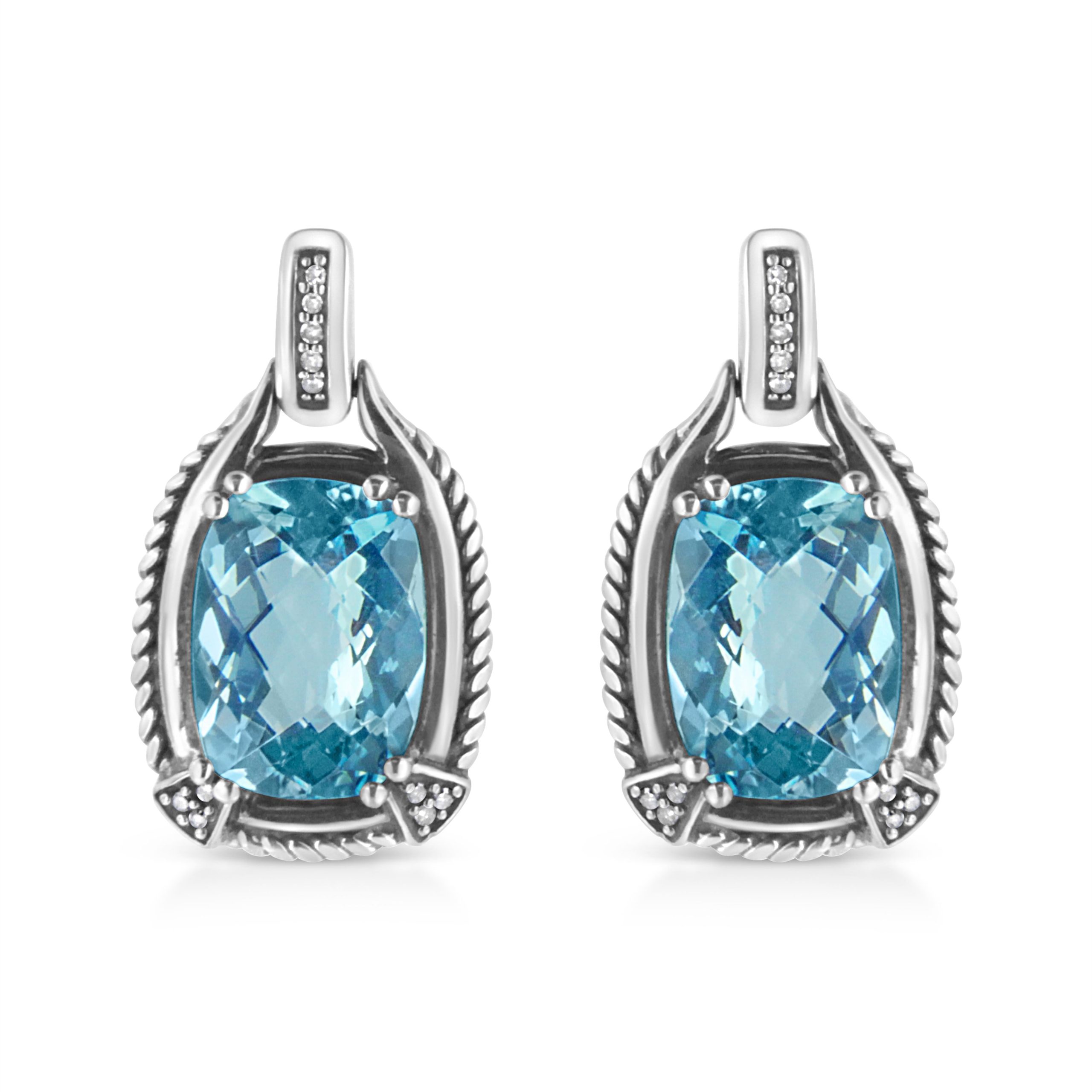 .925 Sterling Silver 14x10MM Cushion Cut Blue Topaz Gemstone and Diamond Accent Dangle Earring (I-J Color, I1-I2 Clarity)