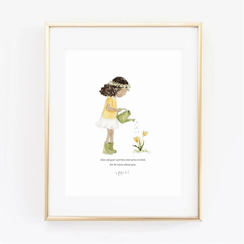1 Peter 5:7 Watering Girl Scripture Print