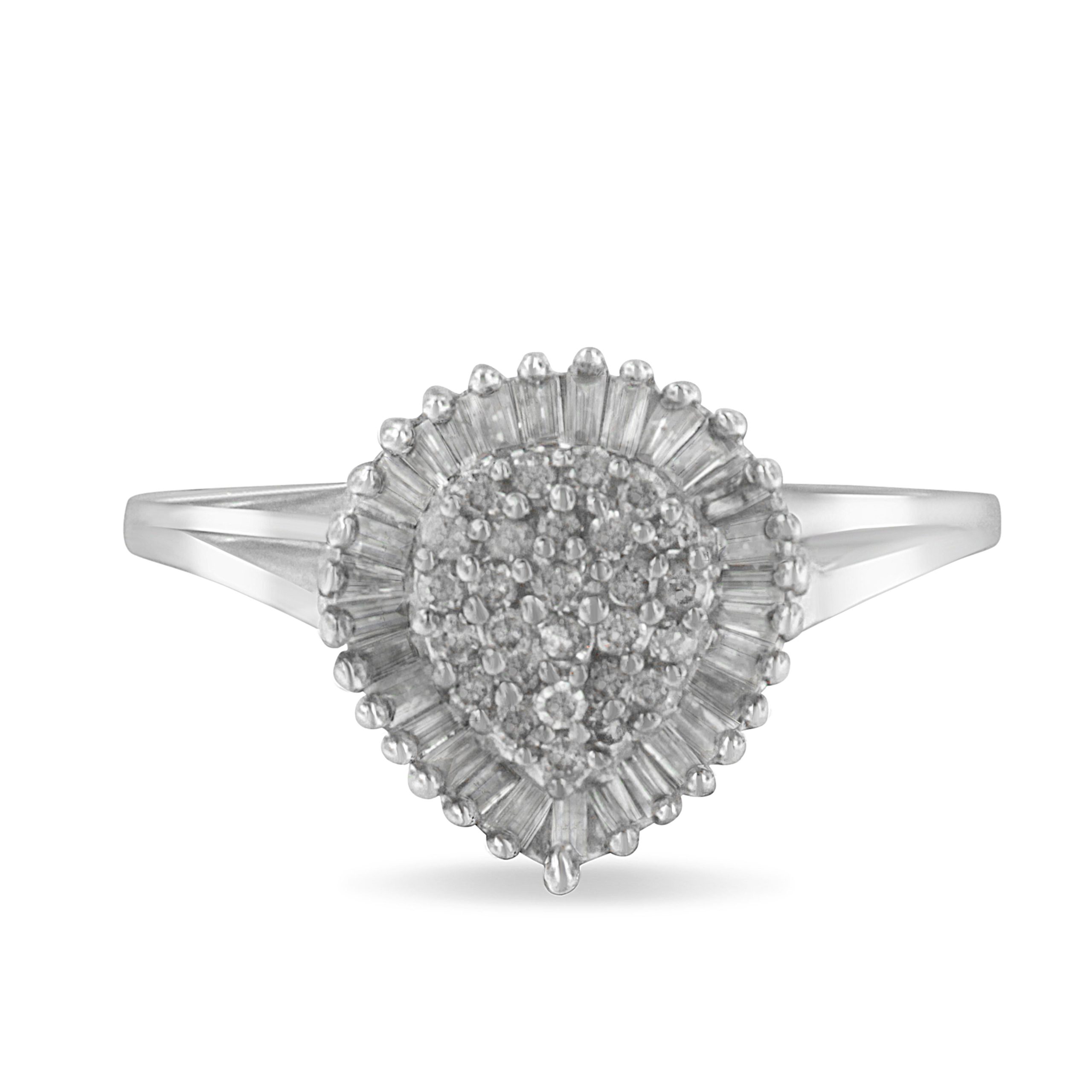 10K White Gold 1/2 Cttw Round & Baguette Cut Diamond Pear Shaped Domed Pavé Cluster with Halo Cocktail Ring (H-I Color, SI1-SI2 Clarity) - Size 5