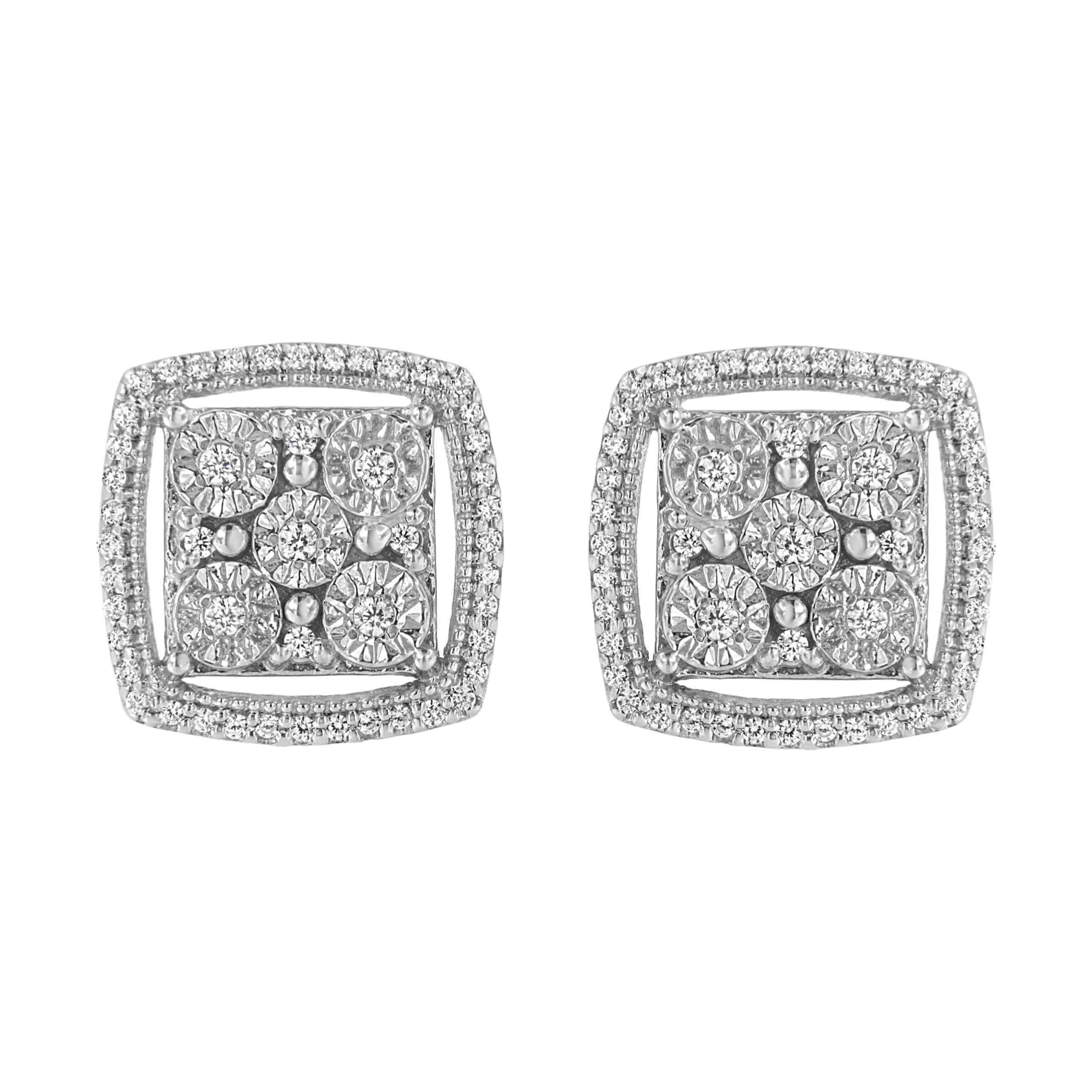.925 Sterling Silver 3/8 Cttw Miracle Set Round Diamond Double Halo Cluster Earrings (I-J Color, I2-I3 Clarity)