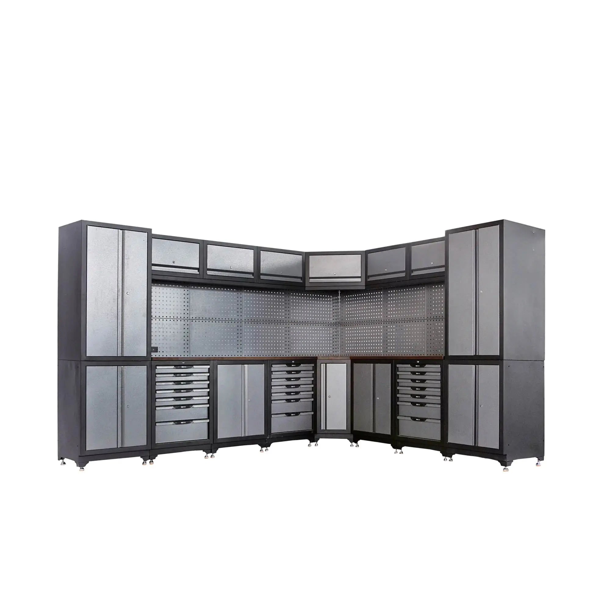 Extreme-Duty Steel Garage Corner (11' + 8.5') Tool Chest w/Pegboard, Power Outlets, USB Port, Magnetic Motion LED Lamps, TMG-WBM15