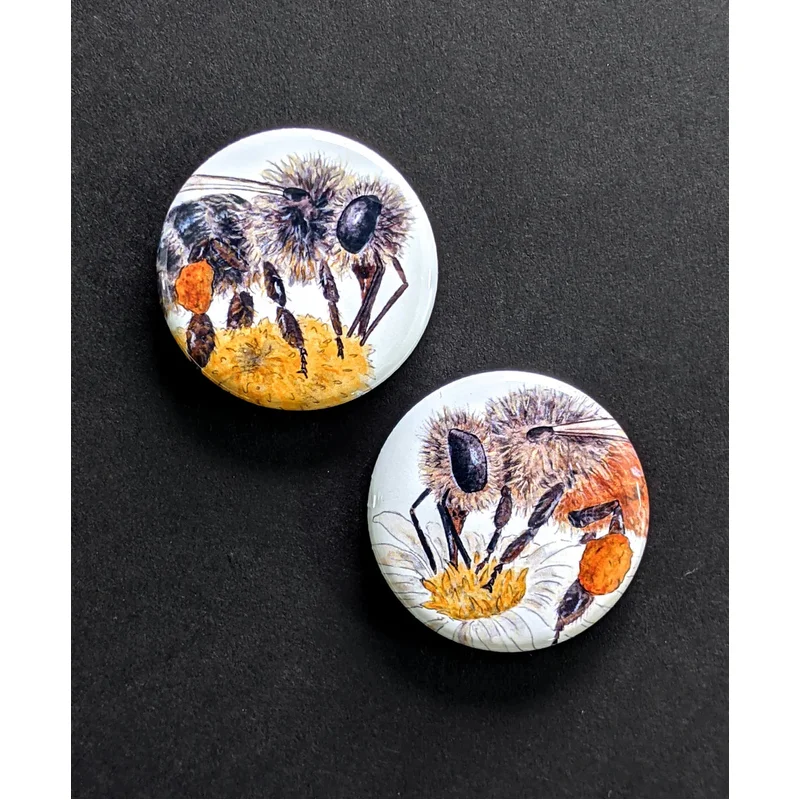 Bees with Flowers Pinback Buttons(Twig & Moth)