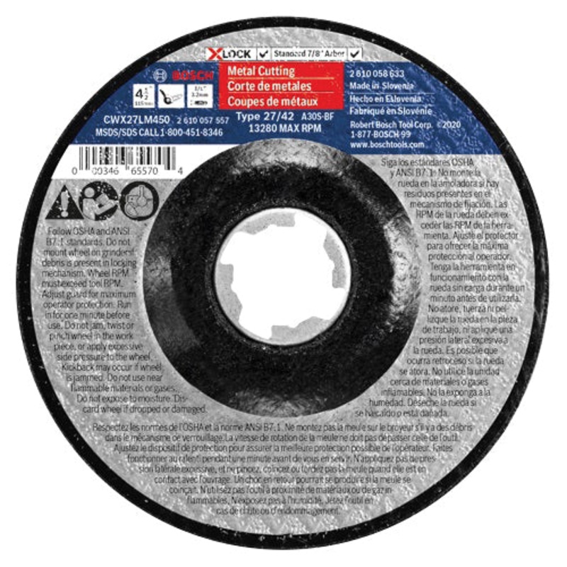 BOSCH CWX27LM450 Small Angle Grinder Wheel, Type 27A Wheel, 4-1/2 in Dia, 1/8 in Thick, 7/8 in Arbor, 30 Grit