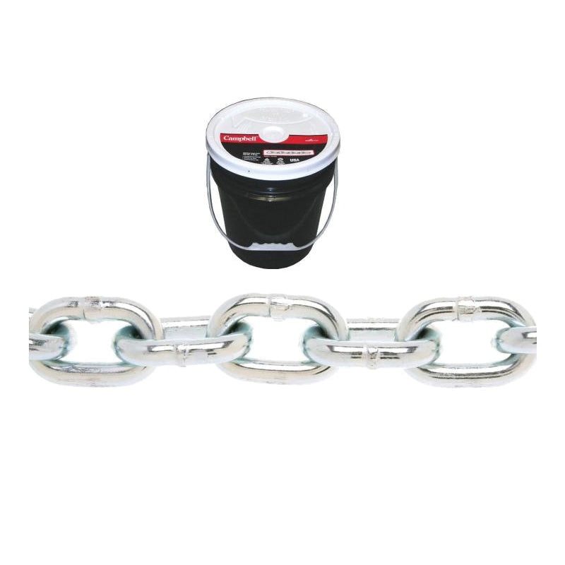 CAMPBELL T0140823 Proof Coil Chain, 1/2 in Trade, 40 ft L, 4500 lb Load, 30 Grade, Carbon Steel, Zinc-Plated
