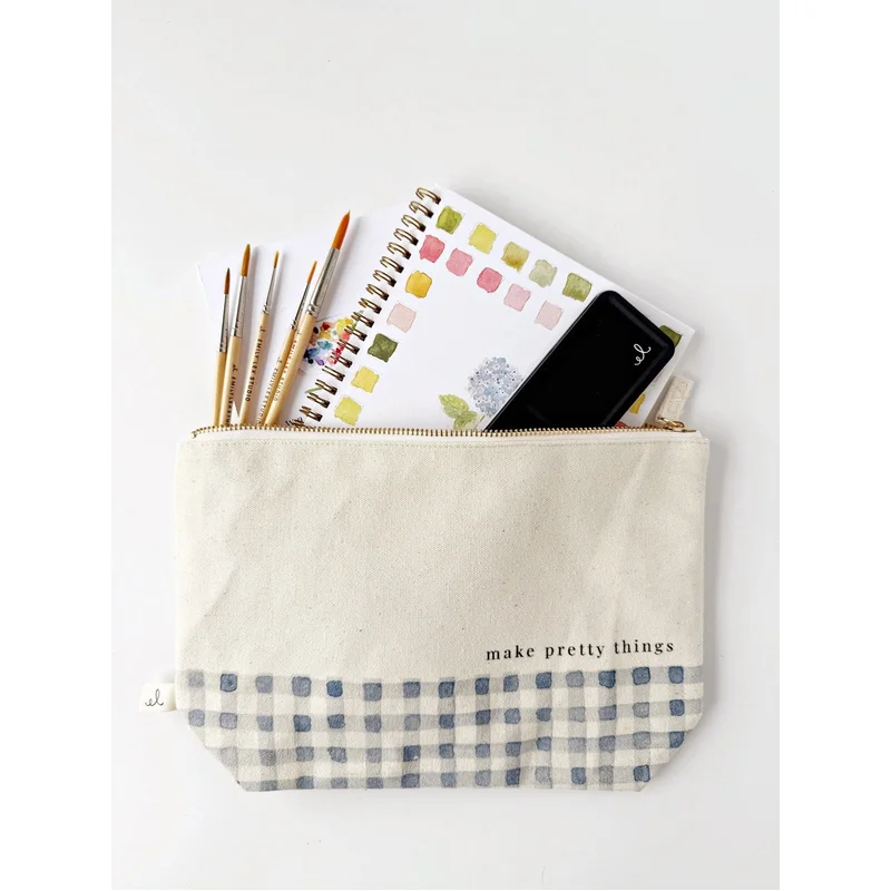 Canvas Zipper Pouch “Make Pretty Things” Gingham