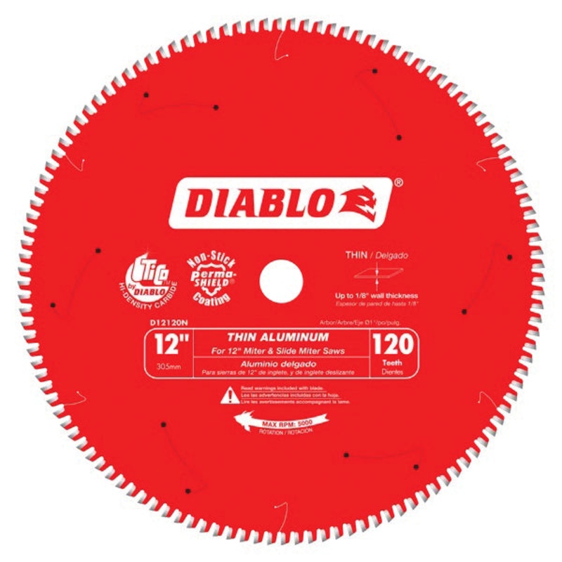 DIABLO D12120N Saw Blade, 12 in Dia, TCG Teeth, 120-Teeth, -5 deg Hook, 1 in Arbor, 5000 rpm Max Speed, Aluminum Blade