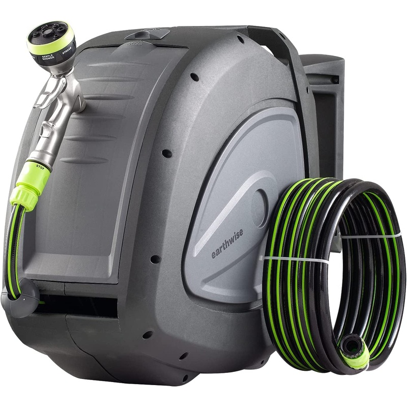 Earthwise 130′ Automatic Hose Reel with 7-Setting Metal Hose Nozzle