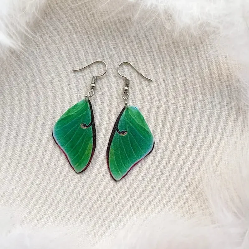 Emerald Green Luna Moth Butterfly Fairy Wings Earrings #1