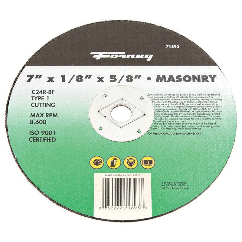 Forney 71893 Cutting Wheel, Type 1 Wheel, 7 in Dia, 1/8 in Thick, 5/8 in Arbor, 24 Grit, Coarse Grit