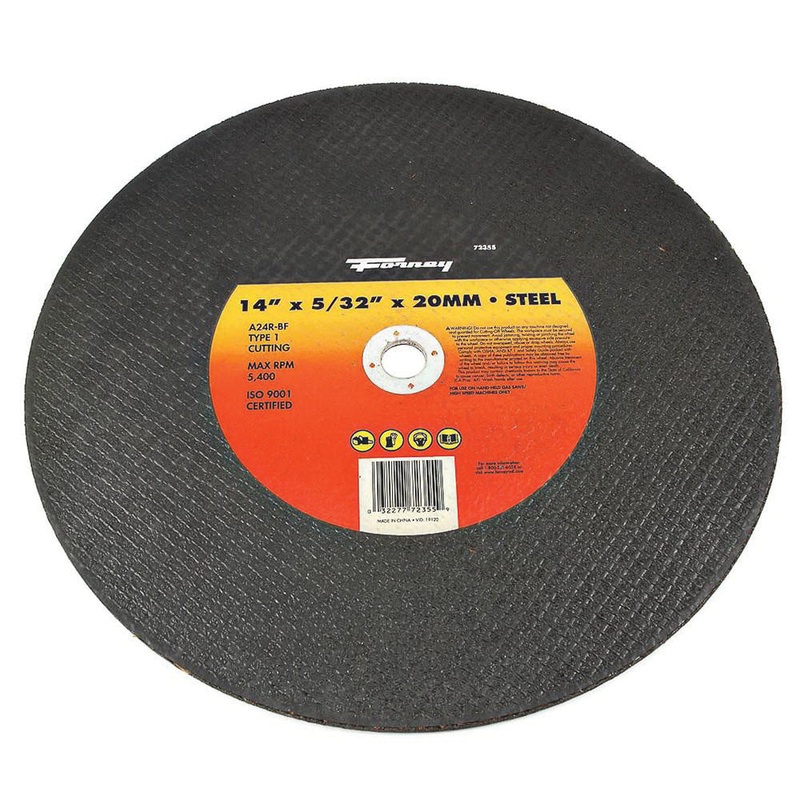 Forney 72355 Cutting Wheel, Type 1 Wheel, 14 in Dia, 5/32 in Thick, 20 mm Arbor, 24 Grit, Coarse Grit