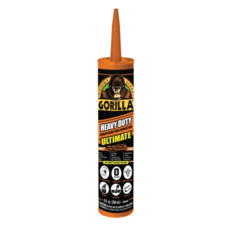 GORILLA 8008002 Heavy-Duty Ultimate Construction Adhesive, Paste, White, Musty, 24 hr Curing, 9 oz, Cartridge