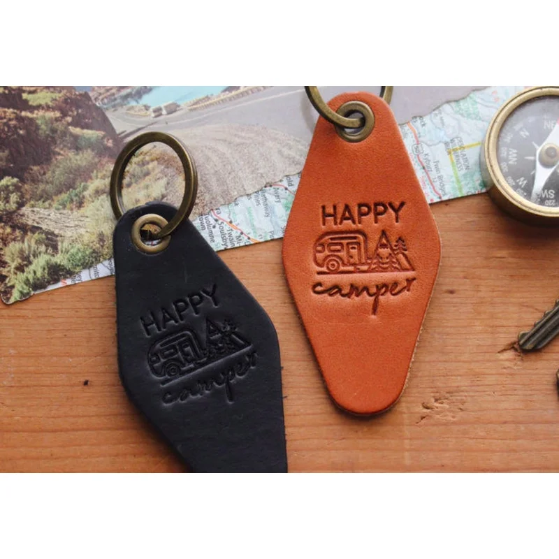 Happy Camper Leather Keychain