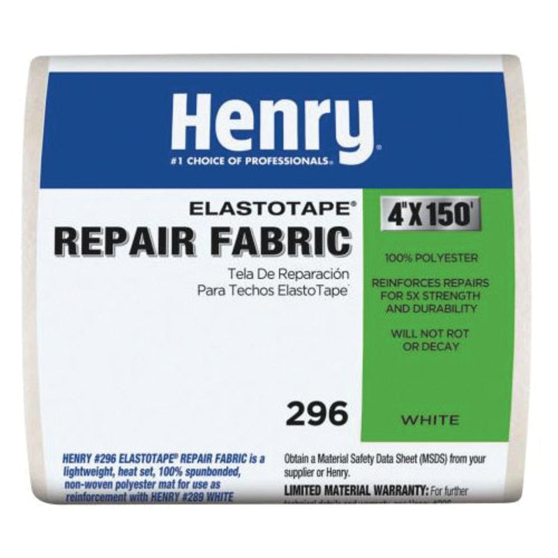 Henry ElastoTape HE296195 Roof Fabric, 8.7 mil Thick, 4 in W, 150 ft L, Polyester, White, 44 in-lb Tensile Strength