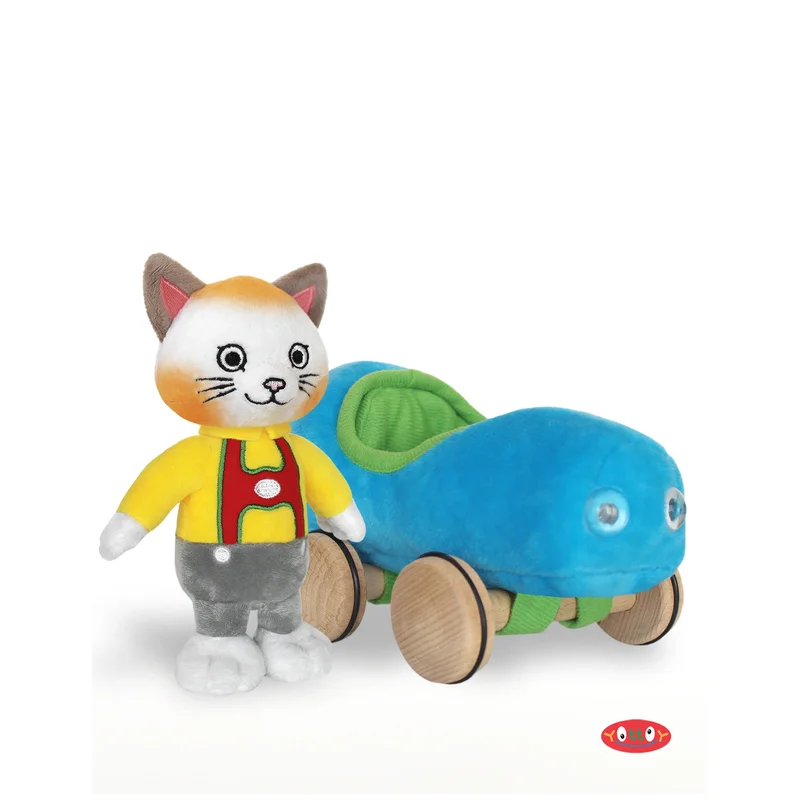 Huckle Cat Soft Toy with Blue Car