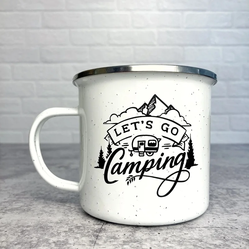 Let’s Go Camping Camper Enamel Campfire Mug