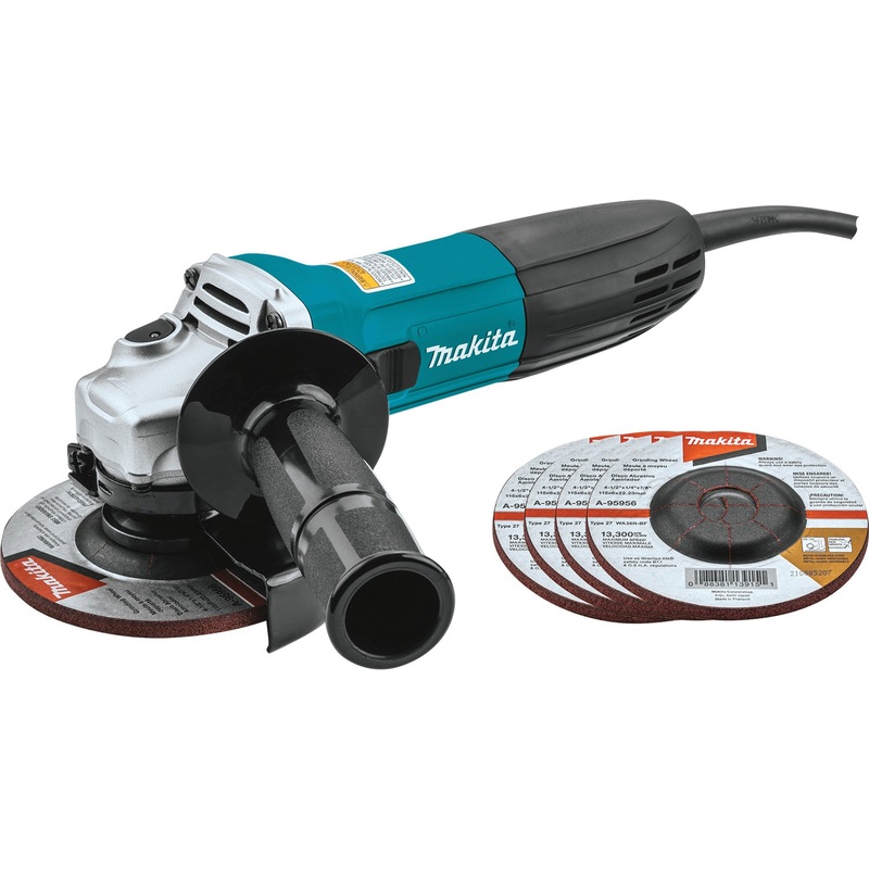 Makita GA4530X Angle Grinder with (5) Wheels, 4-1/2 in Dia Wheel, 5/8 in Spindle Thread, 11000 rpm Speed, 10-1/2 in OAL