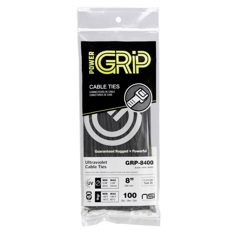 NSI PowerGRP 8, Black General Purpose 40lb Cable Ties, 100 Pack