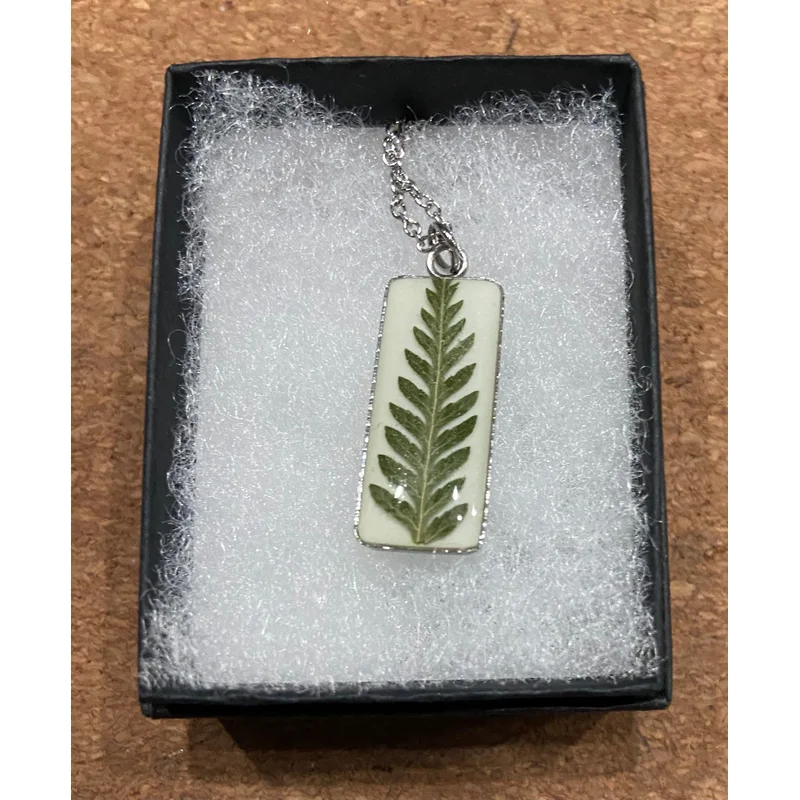 Pressed Flower Bar Necklace, Fern on White, Silver