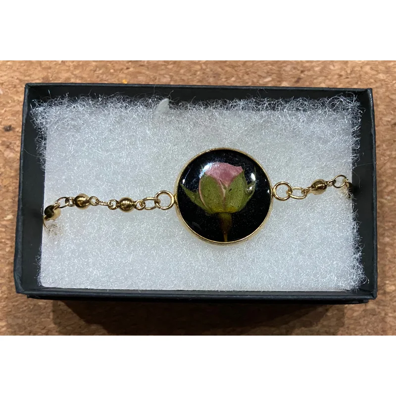Pressed Flower Bracelet, Rose on Black, Gold