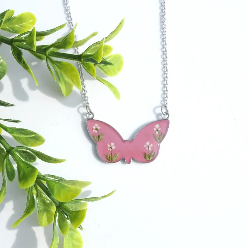 Pressed Flower Butterfly Necklace, Queen Anne’s Lace on Pink, Silver