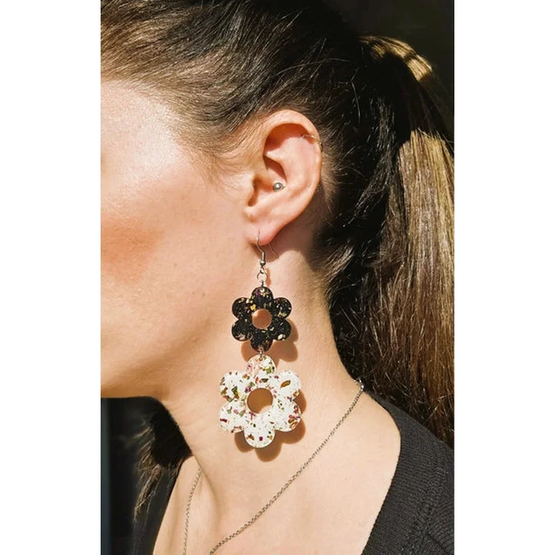 Pressed Flower Earrings – Wildflowers, Multicolor on White and Black Tiered