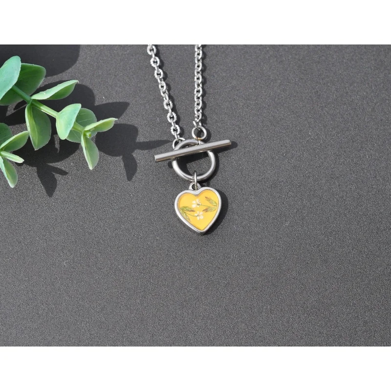 Pressed Flower Heart Toggle Necklace, Queen Anne’s Lace on Yellow, Silver