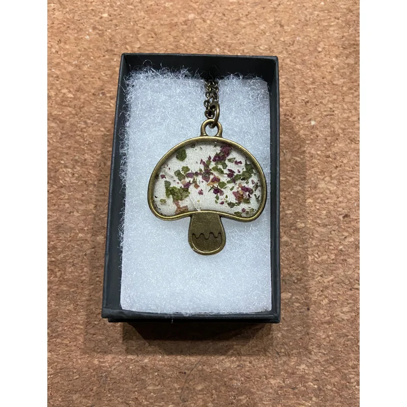 Pressed Flower Mushroom Necklace on White, Antique Bronze