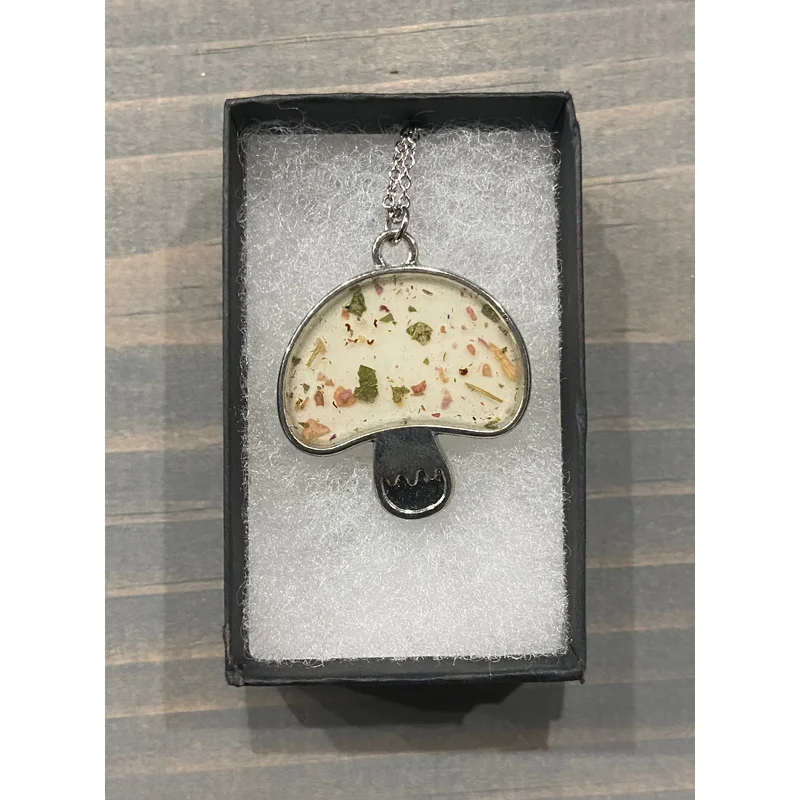Pressed Flower Mushroom, Wildflowers on White, Silver