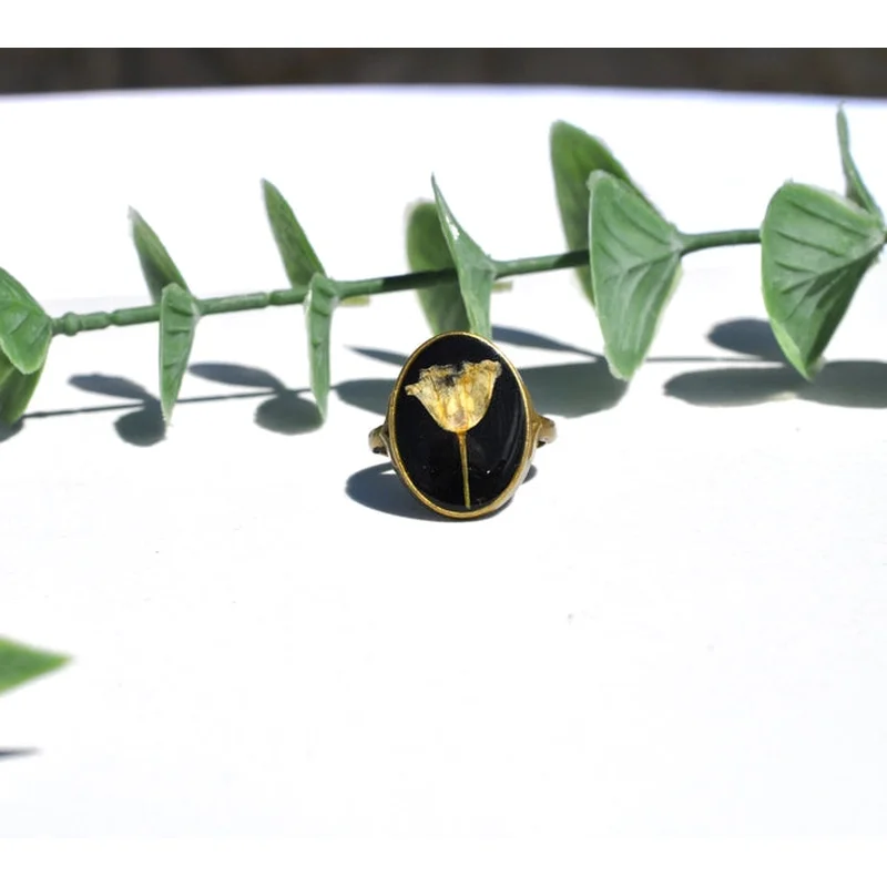 Pressed Flower Oval Ring, Lily of the Valley, Bronze