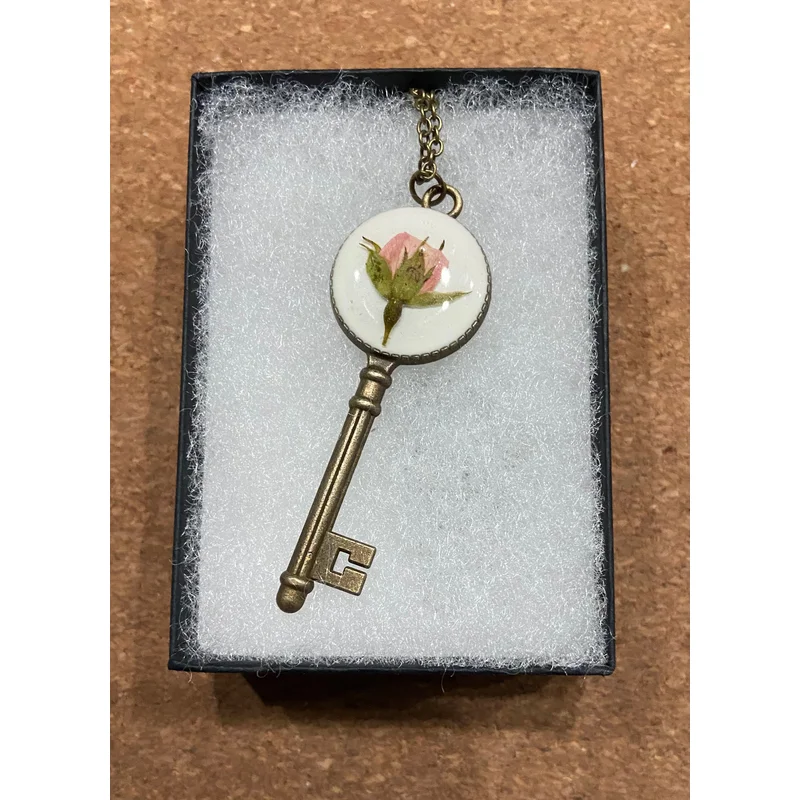 Pressed Flower Skeleton Key Necklace, Rose on White, Antique Bronze
