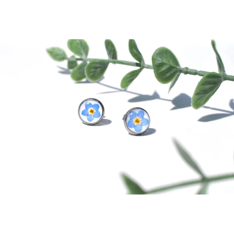 Pressed Flower Stud Earrings – Forget Me Not on White, Silver
