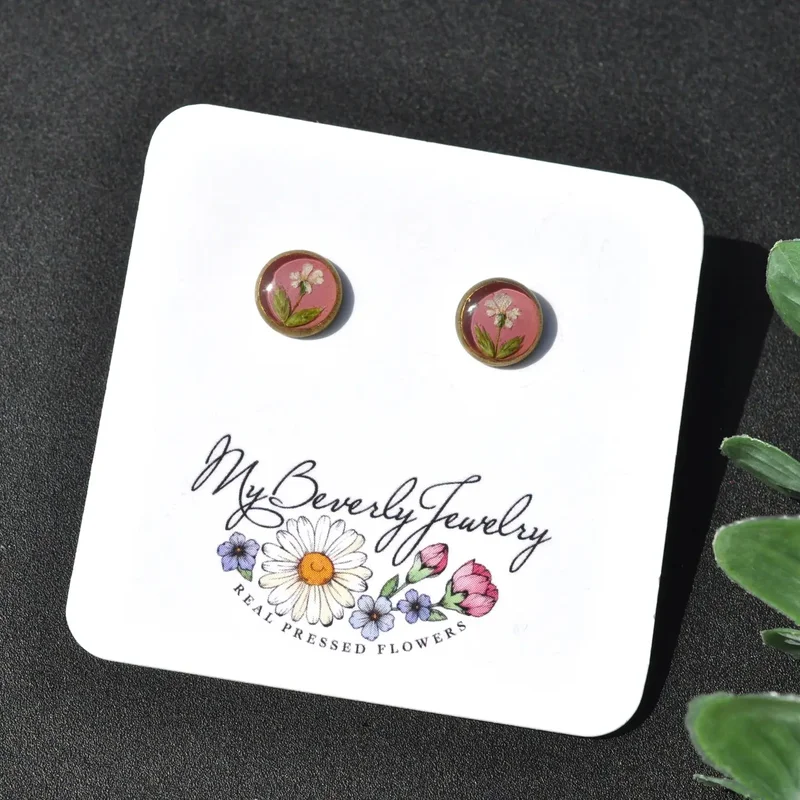 Pressed Flower Stud Earrings – Queen Anne’s Lace on Pink, Silver