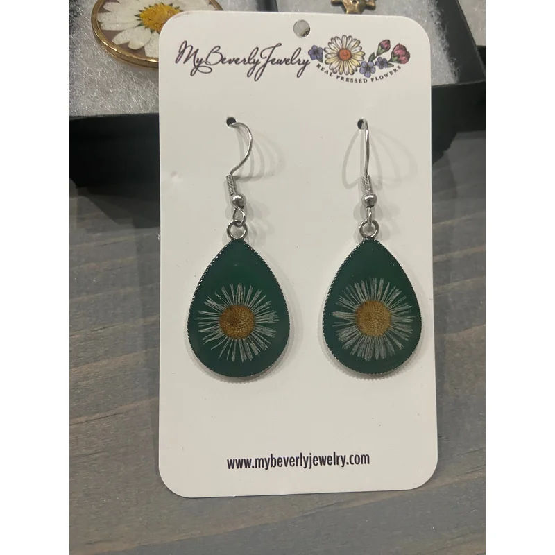 Pressed Flower Teardrop Earrings – Fleabane on Green, Antique Bronze