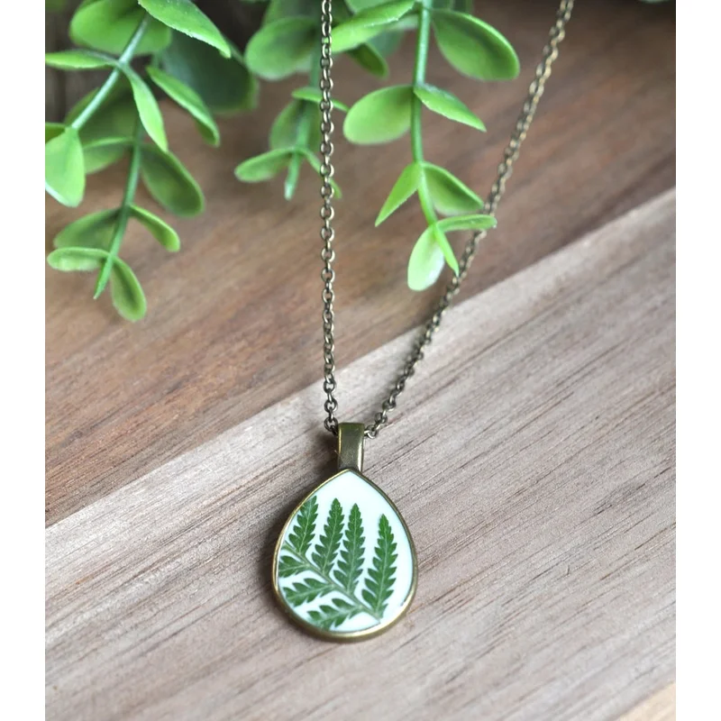 Pressed Flower Teardrop Necklace, Fern on White, Antique Bronze