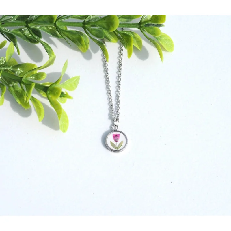 Pressed Flower Tiny Circle Necklace, Heather on White, Silver