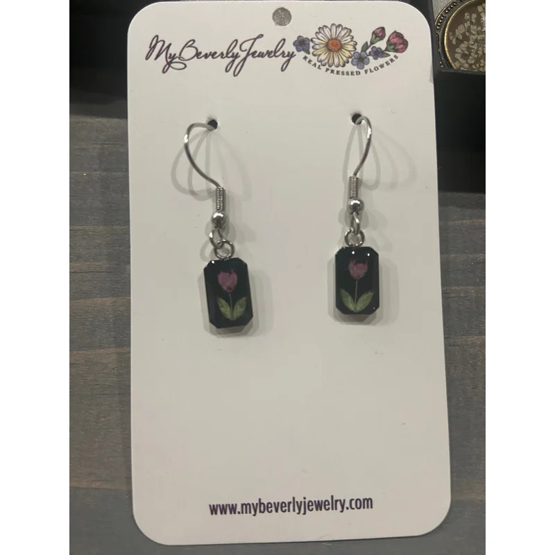 Pressed Flower Tiny Rectangle Earrings – Heather on Black, Silver