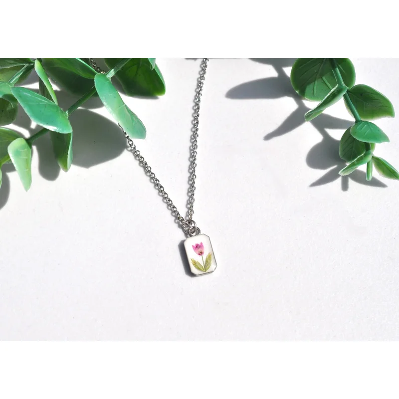 Pressed Flower Tiny Rectangle Necklace, Heather on White, Silver