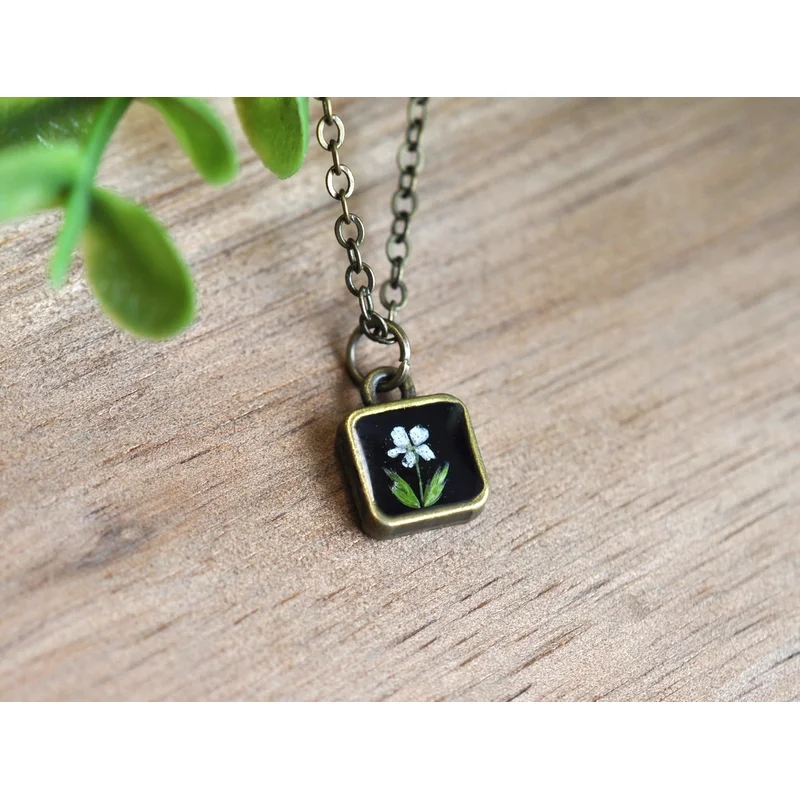 Pressed Flower Tiny Square Necklace On Black, Antique Bronze