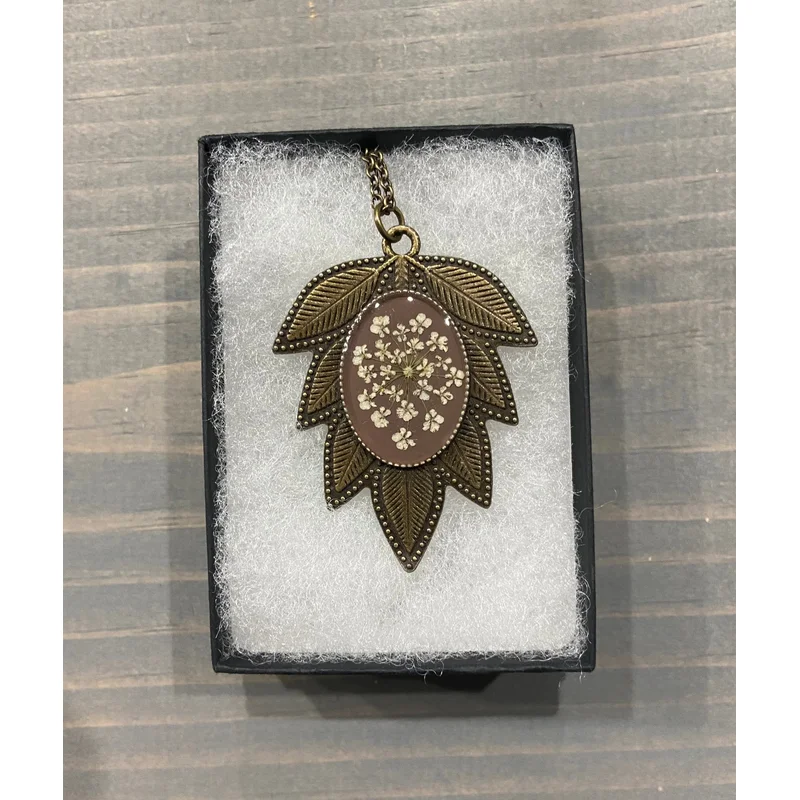 Pressed Queen Anne’s Lace Leaf Necklace on Taupe, Antique Bronze