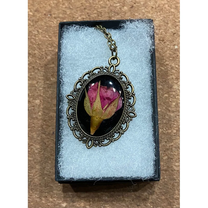 Pressed Rose Heirloom Necklace on Black, Antique Bronze
