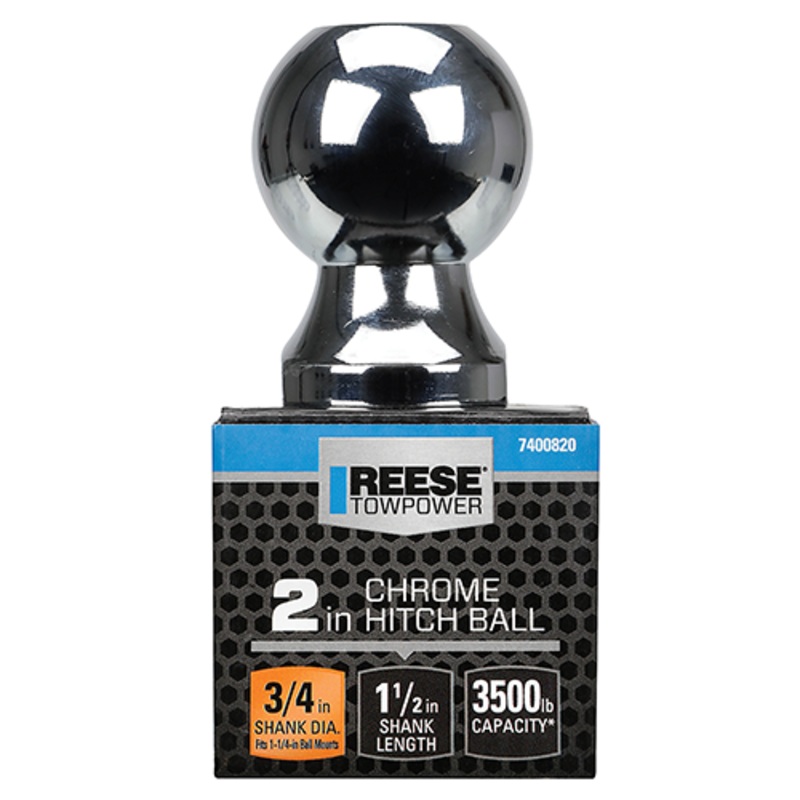REESE Towpower Trailer Hitch Ball, 2 Inch Diameter, 3,500 lbs. Capacity, 3/4 Inch Shank Diameter, 1-1/2 Inch Shank Length, Chrome
