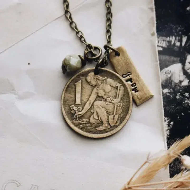 Vintage Planter Gardener “Grow” Coin Necklace